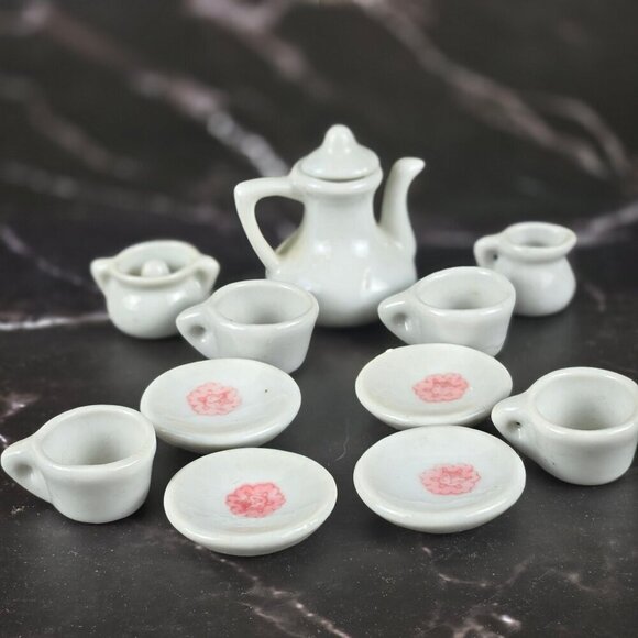 Porcelain Miniature Tea Set White Pink 21 Pieces Display Only Not a Toy - Picture 11 of 12